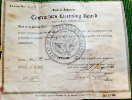 Contractor license from the 1950s